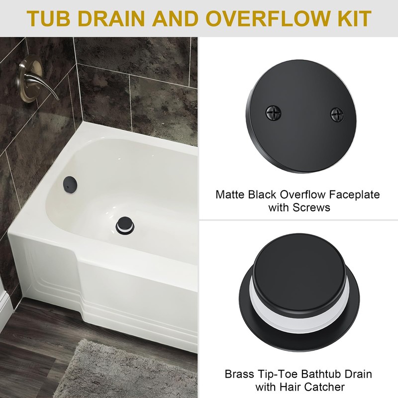 Yaseingoo Matte Black Bathtub Drain Stopper and Overflow Kit, Solid