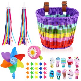 Kids Bike Basket,Rainbow Handwoven Bike Basket Front for Girls,Detachable Bicycle Accessories for Kids with Colorful Bike Streamers,Bell,Bicycle Windmill,Bicycle Wheel Beads