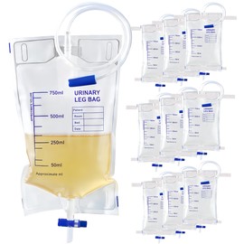 Pack of 10 750 ml Urine Bags Leg Bags: Disposable Urine Bag Leg Bag with T-Drain Valve Anti-Backflow Design, Urine Drainage Bag with Valve, Drain and Fabric Straps, Independent Packaging