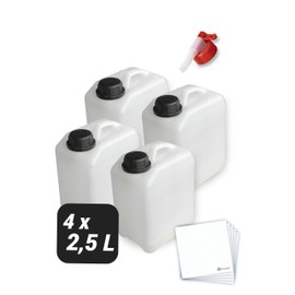 Trevendo Set of 4 water canisters, empty canisters, plastic canister (2.5 litres), food-safe and BPA-free, includes 1 outlet tap and screw caps and 5 labelling labels