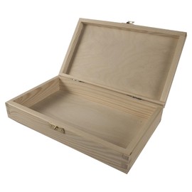 WooDeeDoo Shallow Wooden Gift Box with Clasp and Hinged Lid – 25 x 15 x 5 cm – Unpainted Pine Keepsake Storage Case for Crafts Cards Jewellery DIY Decoration Personalise Memory or Gift Use