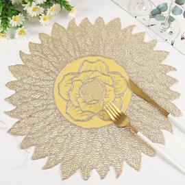 Round Placemats 15 inch Gold Vinyl Metallic Hollow Out Table Mats Set of 6 Washable Heat Resistant Farmhouse Place Mats for Dinner Wedding Party Table Kitchen Decor