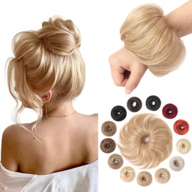KISANOF Human Hair Bun Hair Piece Light Golden Brown Tousled Stretchy Fluffy Donut Updo Elastic Rubber Band Messy Buns Hair Pieces for Women(1 Count #12 Light Golden Brown)