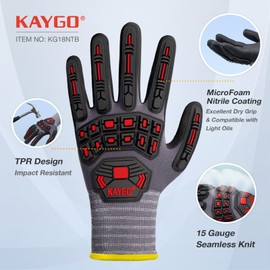 KAYGO Anti Impact Work Gloves with TPR Protection 3 Pairs, MicroFoam Nitrile Coated Grip, Impact Reducing Safety Gloves, Ideal for Automotive, Warehouse, Construction, DIY, KG18NT (Grey, L)