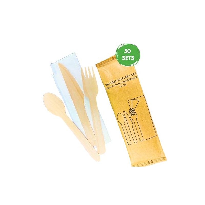 DISPOSABLE GREEN® | Individual Wrapped Wooden Compostable Cutlery Set, Each