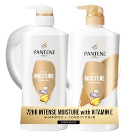 Pantene Juego de champú y acondicionador, renovación diaria de la humedad con vitamina E - Nutrientes Pro-V para cabello seco, tratado con color, laci