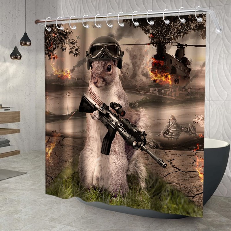 Funny Squirrel Warrior Theme Bathroom Bathtubs Fabric Shower Curtains Helicopter
