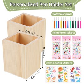 Pack of 2 Wooden Pen Holders, Children's Pen Holder for Crafts, Creative Pencils Organiser, No Colour Stationery Craft Set, Square Wooden Pen Holder for Children, DIY Desk Decoration, School Enrolment