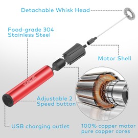 VOMELON Milk Frother, Rechargeable Battery Operated Frother for Coffee,Portable Drink Mixer with 2 Stainless Steel Whisk Heads,Milk Foamer for Keto Coffee, Latte, Cappuccino, Hot Chocolate,Rube Red