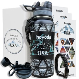 Inovoda National Parks Water Bottle With Waterproof stickers, 32oz LeakProof Stainless Steel Insulated Bottle, Suitable For Hiking, Camping & National Parks Gifts (Black)