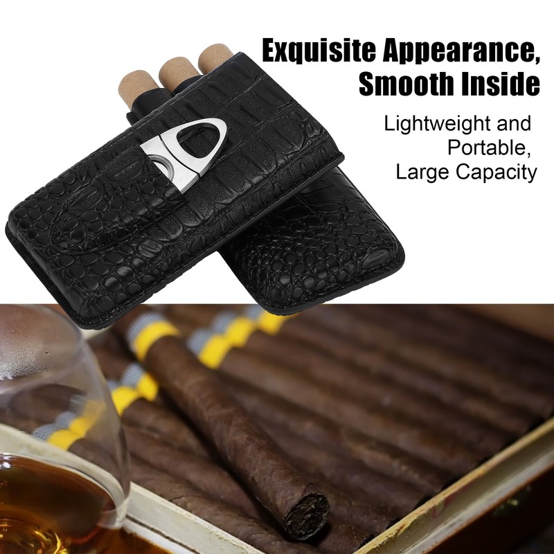 Cigar Case Portable Black Large Capacity PU Leather Caiman Pattern