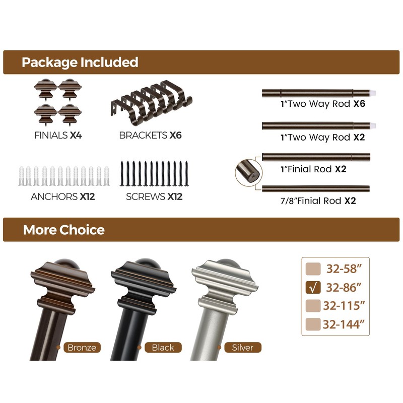 KAMANINA 2 Pack Curtain Rods for Windows 48 to 84