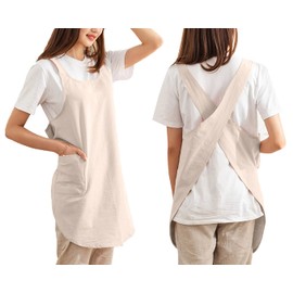 Cotton Cross Back Aprons Solid Color Cooking Kitchen Garden Smock for Women Girls with Pockets (Beige, 37Wx 32L)