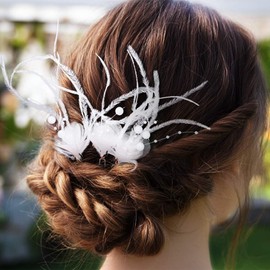 CASDRE Pearl Wedding Hair Pins Silver Feather Bridal Hair Pieces Prom Flower Hair Pieces for Women and Brides (Silver)