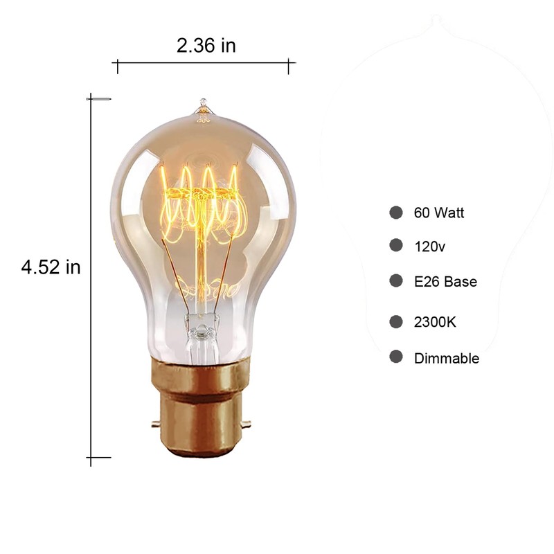 B22 Edison Light Bulb, 60 Watts, A19 Vintage Incandescent Light