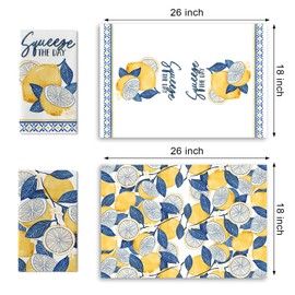 Croar Chinoiserie Lemon Kitchen Dish Towels Set of 2, Squeeze The Day Lemonade Drying Hand Towel Baking Cooking Cloth, Summer Blue and White Porcelain Farmhouse Home Decoration 18 x 26 Inches