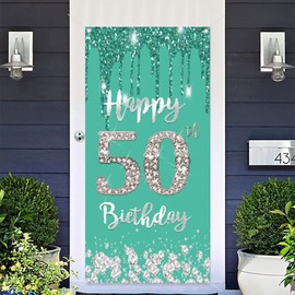 50th Birthday Decoration for Woman, Turquoise 50th Birthday Banner Fabric Sign Poster Door Cover for Women, Party Supplies Photography Background