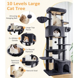 ABCPET Cat Tree Large Cat Tower Tree 68" Multi-Level Cat Tower for Indoor Cats with Sisal Scratching Posts, Widen Cat Perche, Square Hammock, 2 Widen Condos, Scratching Posts, Grey
