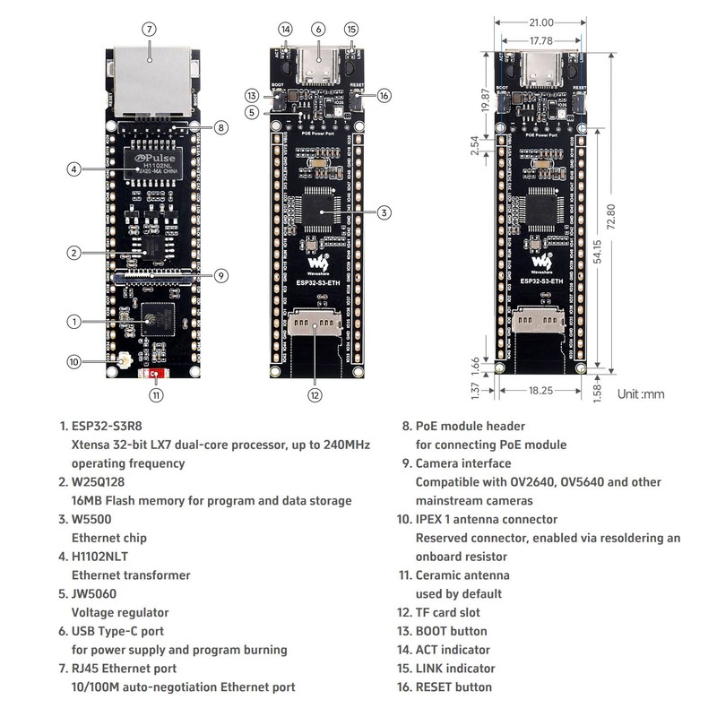 KLAYERS ESP32-S3R8 Ethernet Development Board with Wi-Fi, Bluetooth, PoE Power,