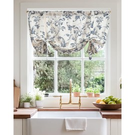 jinchan Tie Up Valance Floral Linen Valance for Windows Farmhouse Valance 54 Inch Damask Printed Short Window Treatment Adjustable for Kitchen Living Room Light Filtering 1 Panel Blue on Beige