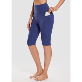 BALEAF Leggings capri de algod n hasta la rodilla con bolsillos, cintura alta, casual, verano, yoga, entrenamiento, ejercicio, Azul oscuro, L