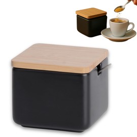 KOOK TIME Ceramic Sugar Bowl with Bamboo Spoon and Lid - Sugar Spoon for Home and Kitchen, Modern Ball Shape for Sugar, Cheese, Spices, 10 x 10 x 9 cm (Black Square)
