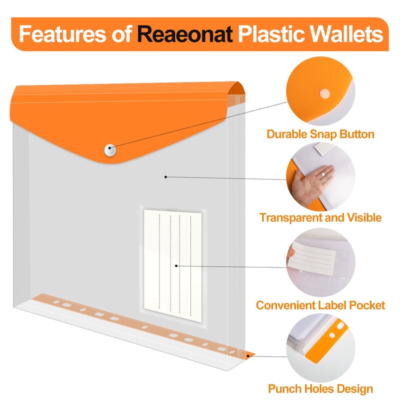 Punched Pockets Plastic Wallets, 12Pcs A4 File Folders for Document