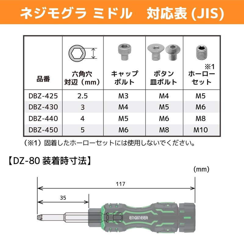 Engineer Screwless Q Set Hex Side 2.5, 3, 4, 5mm
