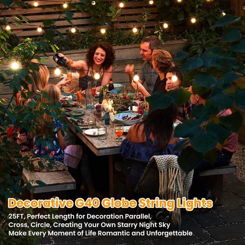 25FT Outdoor G40 LED Globe String Lights Dimmable Waterproof Shatterproof