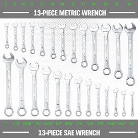 SWANLAKE 26PCS Combination Wrench Set with Roll-up Pouch, wrench set metric and standard, SAE 1/4” - 1” and Metric 8mm - 24mm
