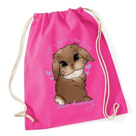 Hippowarehouse Just a girl who loves her rabbit bunny mini lop - Brown Drawstring Cotton School Gym Bag 37cm x 46cm, 12 litres