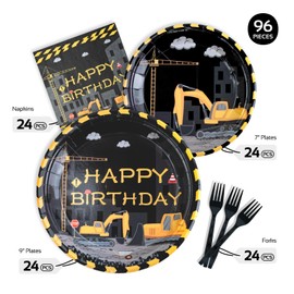 Construction Party Decorations - Truck and Excavator Themed Birthday Party Tableware Set Includes Plates, Napkins, Forks, Supplies for Boys Birthday, Baby Shower | Serve 24