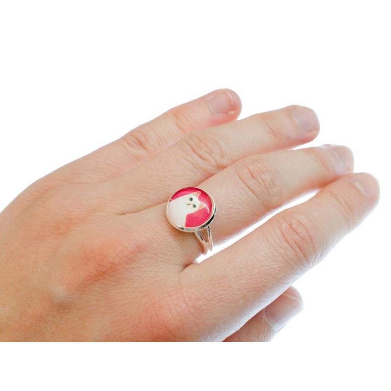 Miniblings Ring with Silver Animal Head Cat Kitten Pink Plain