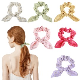 Tyqour 6 Pcs Bunny Ear Scrunchies, Hair Scrunchies for Girls, Cute Scrunchies for Thick Hair, Chiffon Elastic Ponytail Holder Cute Hair Band, Hair Accessories for Women Girls