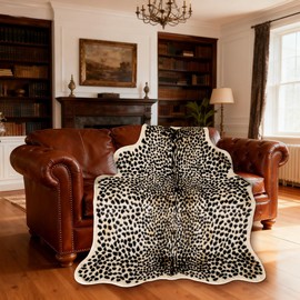 Cheetah Rug - Leopard Print Rug 5.2x7 ft Faux Cowhide Cheetah Animal Shape Area Rug for Western Boho Room Decor, Machine Washable Accent Carpet for Living Room, Bedroom