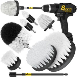Holikme 8 Piece Drill Brush Attachments Set, Power Scrubber Brush with Extend Long Attachment，Cleaning Supplies，Scrub Brush，Shower Scrubber，Bathtub White