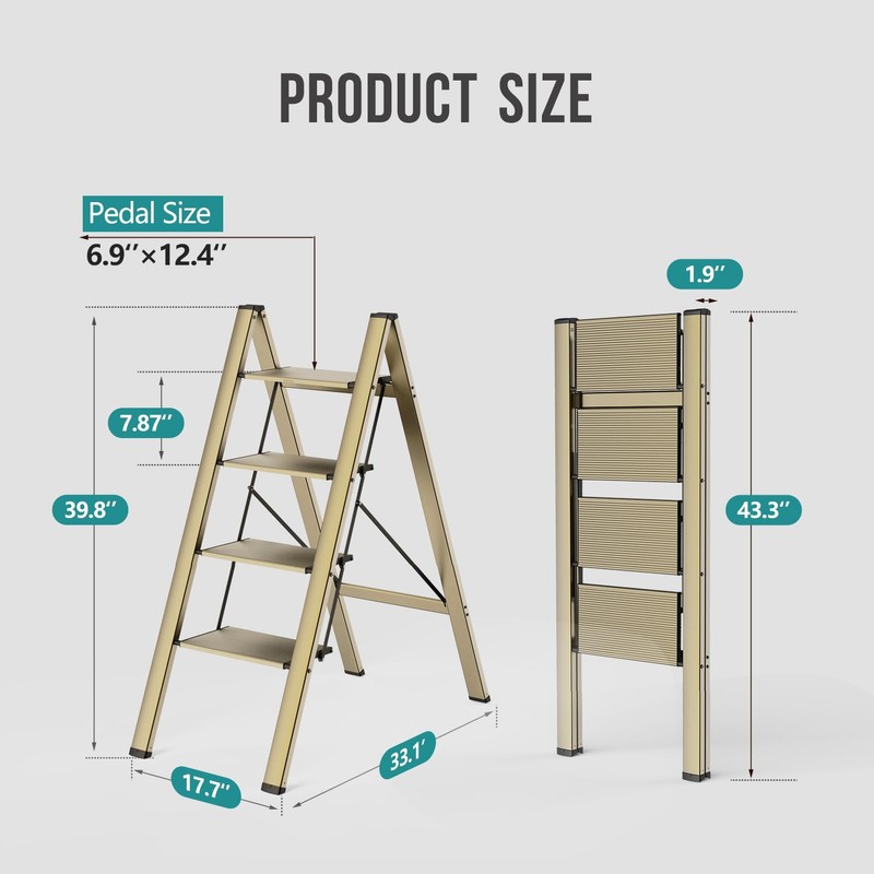 WOA WOA 4 Step Ladder, Foldable Step Stool, Aluminum Lightweight