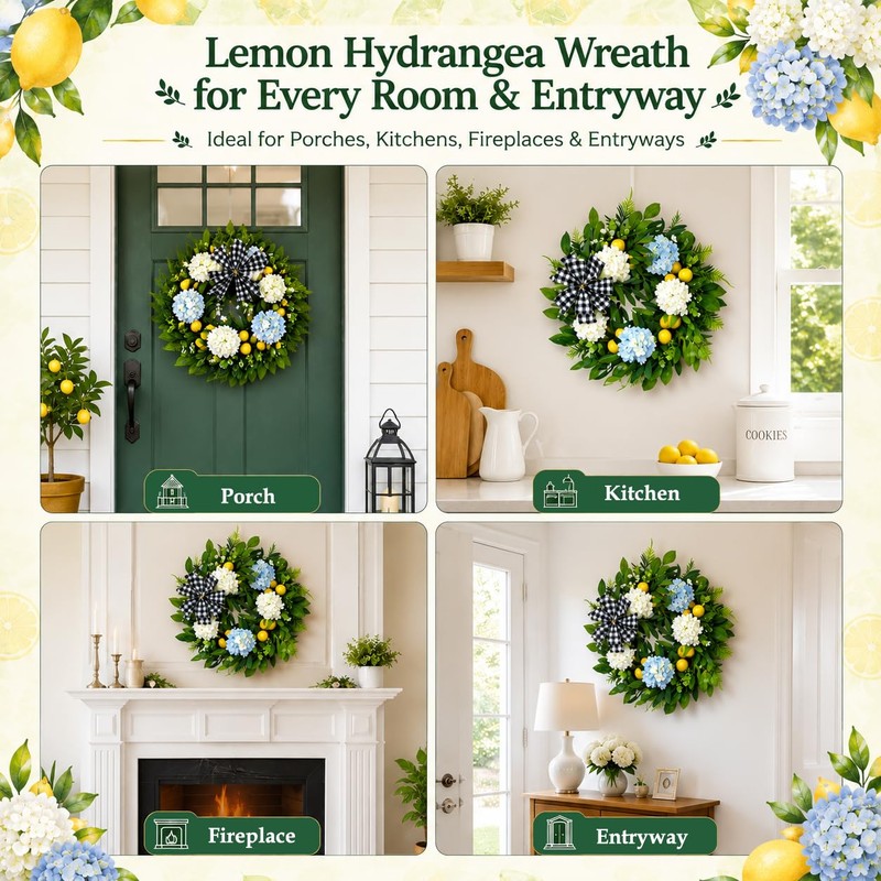Lemon Wreath for Front Door, 22 Inch Artificial Hydrangea Wreaths