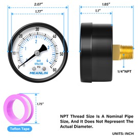 MEANLIN MEASURE 0-60Psi Well Pump Pressure Gauge 1/4" NPT 2" FACE DIAL for Pool Filter Pump Water Oil Air Compressor Tire Pressure Tester Back Mount, with Teflon Tape