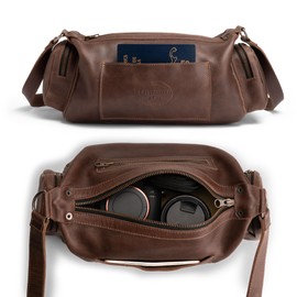 Littlefield & Co., Compact Crossbody Bag with Adjustable Strap, Small Duffle Bag, Camera Organizer, Travel Accessory, Full Grain Leather, Handmade, Bourbon Brown