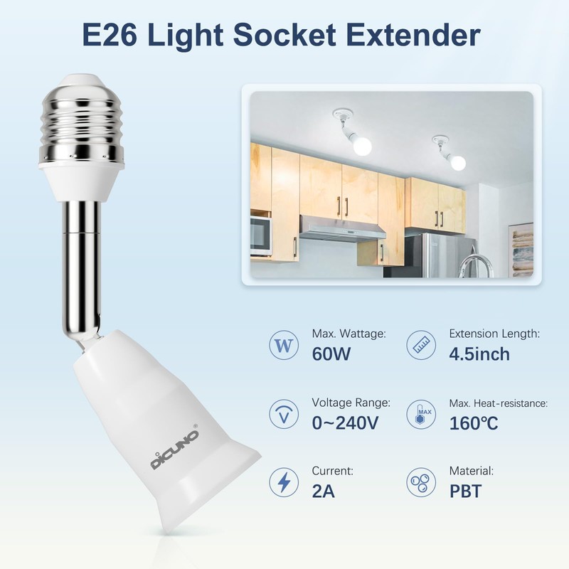 DiCUNO Light Socket Extender, E26 Light Bulb Extender, 4.5 Inch