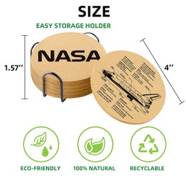 Cegkuc Coasters for Drinks with Holder Set of 6, NASA Cork Coaster Absorbent with Space Shuttle Design for Cup Desk Office Table Kitchen Decor House Warming Gifts for New Home Couples, Round 4"