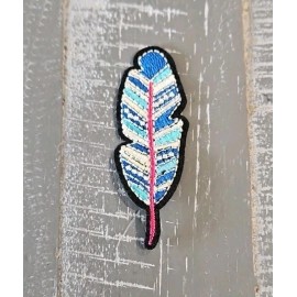 FEATHER Embroidered Iron On Patch (3" x 1") Indian Blue White Pink Stem NEW