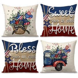OPULANE 4th of July Independence Day Pillow Covers 18x18 Inch Bless Our Home America Stars Eucalyptus Fireworks Truck Patriotic Memorial Day Throw Pillow Cases for Sofa Couch Decorations Set of 4