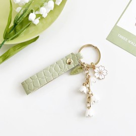 Aimery Lily of the valley design Flower Key Chains leather Purse Car Key Accessories Chain for Women Girls Gifts, Grass Green Strap and Gold Clasp, Middle