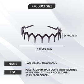 2pcs Zig Zag Headbands, Plastic Sharks Tooth Hair Comb Headband Toothed Hair Hoops Hair Accessory for Women Girls Lady (Each Color 1pc)