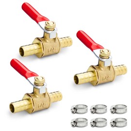 Bwintech Pack of 3 12 mm Barb Brass Ball Valves with 6 Clamps, Air Gas Fuel Line, Shut-off Valve, 180 Degree Actuation Handle, Valve Pipe Fittings