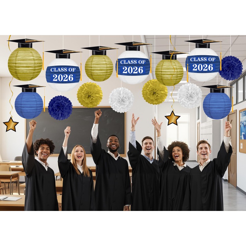 16Pcs Graduation Cap Paper Lanterns Party Decorations - Blue and