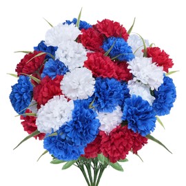 VirtuGro 4 Bundles Artificial Patriotic Flowers 4th of July Red White and Blue Flowers Fake Ball Chrysanthemum Silk Flowers Arrangement Memorial Day for Cemetery Vase Home Centerpieces(17INCH)