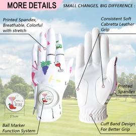 VEASAERS Golf Gloves Women Right Handed Golfer Left Hand with Ball Marker 3 Pack, Ladies Breathable Soft All Weather Grip Printed Pattern Colored Glove (3 Pack Full Finger, Medium, Worn On Left Hand)